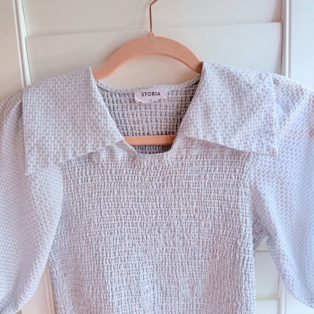 Storia Smocked Blue Gingham Peplum Top with Puff Sleeves & Square Collar size S - Picture 4 of 11